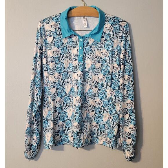 Kyodan Long Sleeve Golf Polo Top Blue Multi UPF 50+ Tropical Print Large - Picture 1 of 8